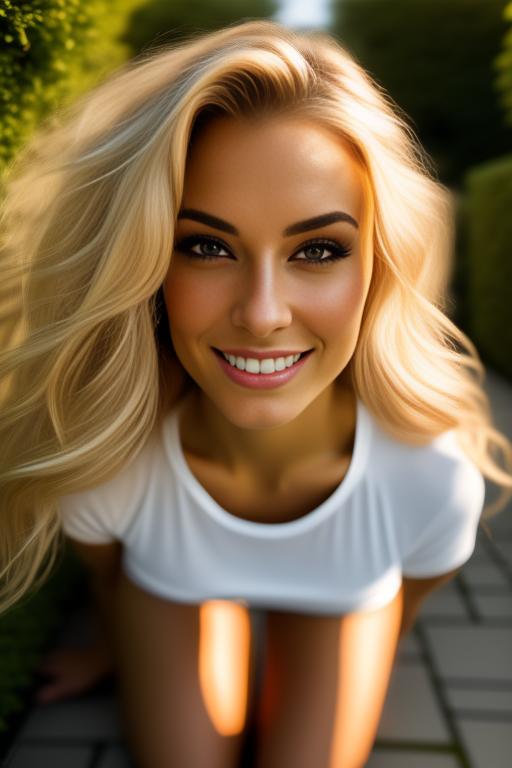 Image: Blonde  kneeling camera from above  nbrmodelsone One Top Model ethnicitycaucasian Caucasian dresstransparenttshirt Transparent TShirt positionsmiling Smiling positionkissing Kissing positionteasing Teasing backgroundgarden Garden artstylehyperdetailed Hyper Detailed cameraextremecloseup Extreme CloseUp camerafaceextremecloseup Face Extreme CloseUp