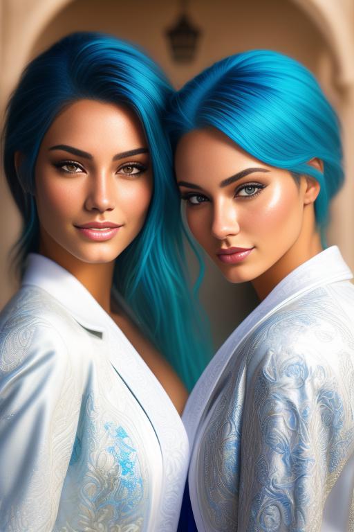 Image: Hair Color blue Ethnicity Moroccan Art Style bestquality hyperdetailed ultradetailed Nsfw nsfw Nbrmodels Two top models Dressqty open whitejacket smiling  face close up