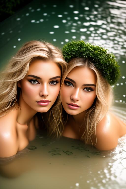 Image: Two top models kissing   blonde hair wet camera from above  ethnicitycaucasian Caucasian positioncuddling Cuddling positionkissing Kissing positionkneeling Kneeling positionlaying Laying elementswet Wet Soaked backgroundgarden Garden artstyleultradetailed Ultra Detailed cameraextremecloseup Extreme CloseUp camerafaceextremecloseup Face Extreme CloseUp