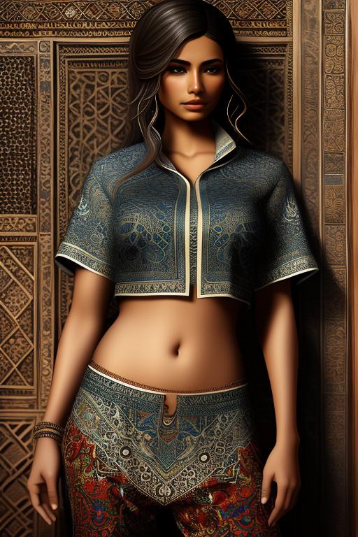 Image: belly button  Art Style bestquality hyperdetailed ultradetailed Ethnicity Moroccan Dressqty wearing pants shirttug1 shirt tug