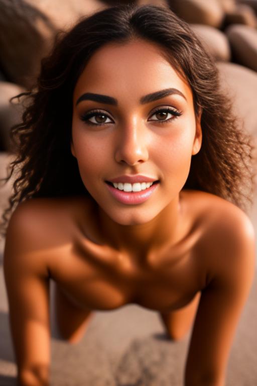 Image: Moroccan Top model beauty holding  sports sexy outfit  gentlesmile   close up shot  in rocky rocks no panties  face close up shot from below kneeling open mouth focus on eyes sucking