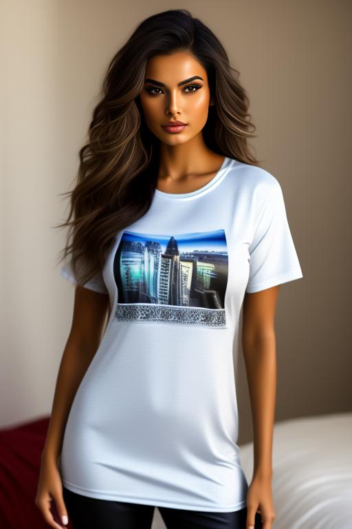 Image: pants  female nbrmodels One Top Model nbrmodels Two Top Models ethnicity Moroccan dress Sexy TShirt background Bedroom artStyle Ultra Detailed Camera Extreme CloseUp