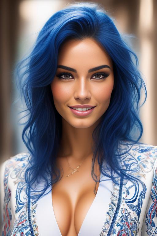 Image: Hair Color blue and red Ethnicity Moroccan Art Style bestquality hyperdetailed ultradetailed Nsfw nsfw Nbrmodels Two top models Dressqty open whitejacket smiling  face close up
