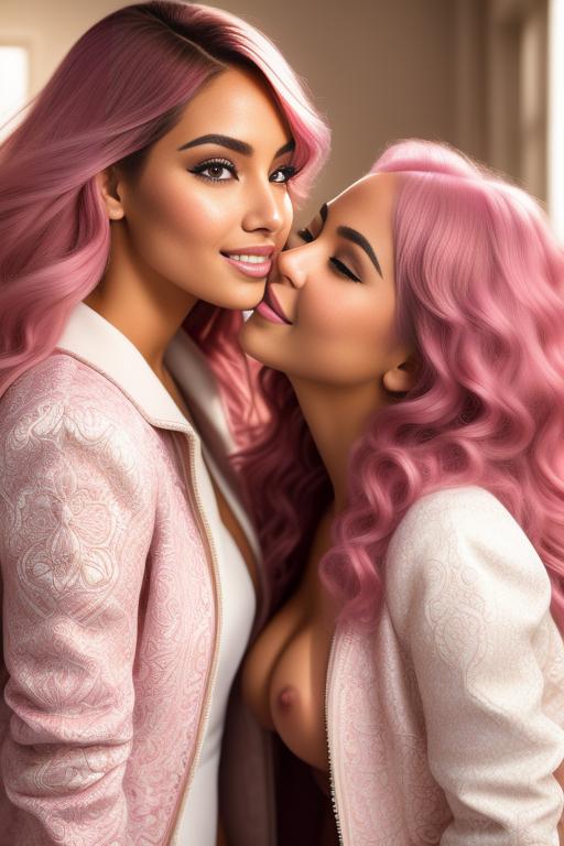 Image: Hair Color pastelPink Ethnicity Moroccan Art Style bestquality hyperdetailed ultradetailed Nsfw nsfw Nbrmodels Two top models Dressqty open whitejacket smiling  face close up kissing masturbating pussy