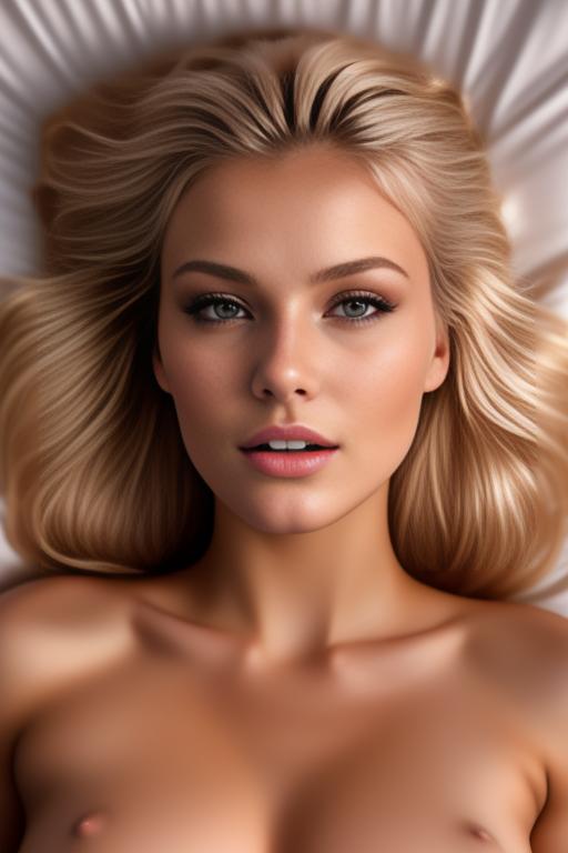 Image: russian blonde top model next to gaming pc  from above closeup   nude  laying down on back in bed spreading legs closing eyes hands touching