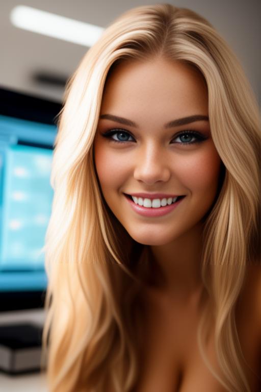 Image: russian blonde top model next to gaming pc  from below facecloseup hot wet smile