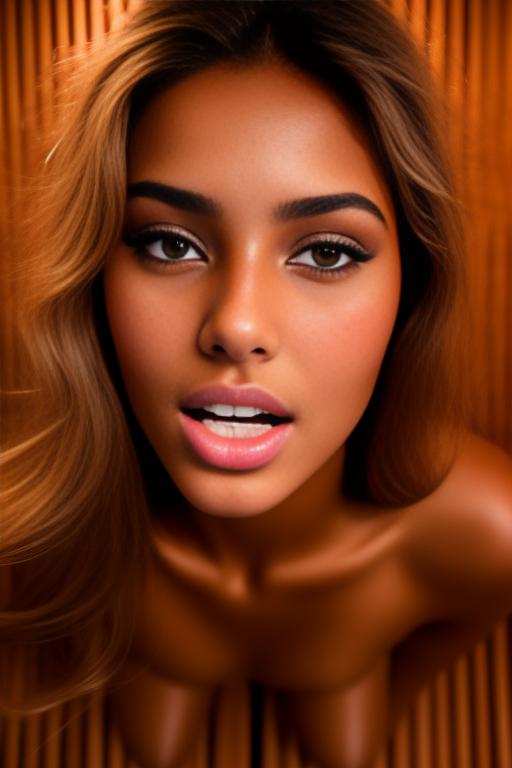 Image: Female Moroccan top model  face close up   kneeling in  sauna nude shot from above  open mouth dry hair covered sperm beautiful eyes