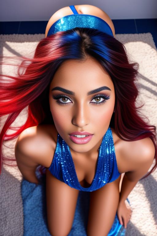 Image: moroccan sexy top models close up  blue and red long hair open sexy vest hot lips no underwear kneeling close face shot from above