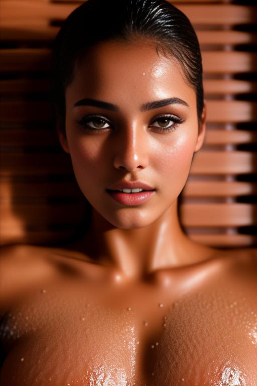 Image: Female Moroccan top model  face close up shot  wet kneeling in massage sauna nude shot from above  sperm in face
