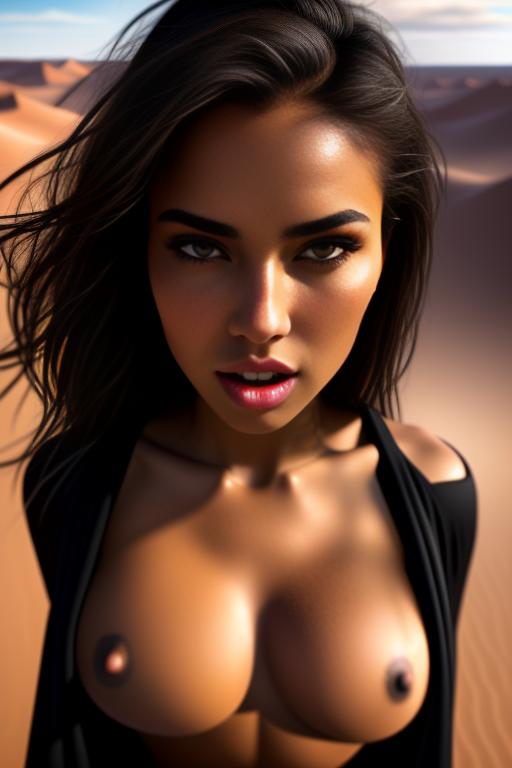 Wearing torn open black tshirt, , eyes,  female top models,( camera shot from above, from the sky downwards), (face extreme close-up ), arms up, (big round sucking open swallow mouth) tongue, nbr_models_one One Top Model, ethnicity_moroccan Moroccan, dress_shirtlift Shirtlift, background_desert Desert, art_style_hyper_detailed Hyper Detailed, camera_close_up Close-Up, <dress_shirtlift:0.0>