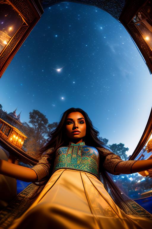 Jasmine Disney , sitting on (flying  )  carpet high in night sky, camera from below looking upwards, nbr_models_one One Top Model, art_style_hyper_detailed Hyper Detailed, camera_close_up Close-Up