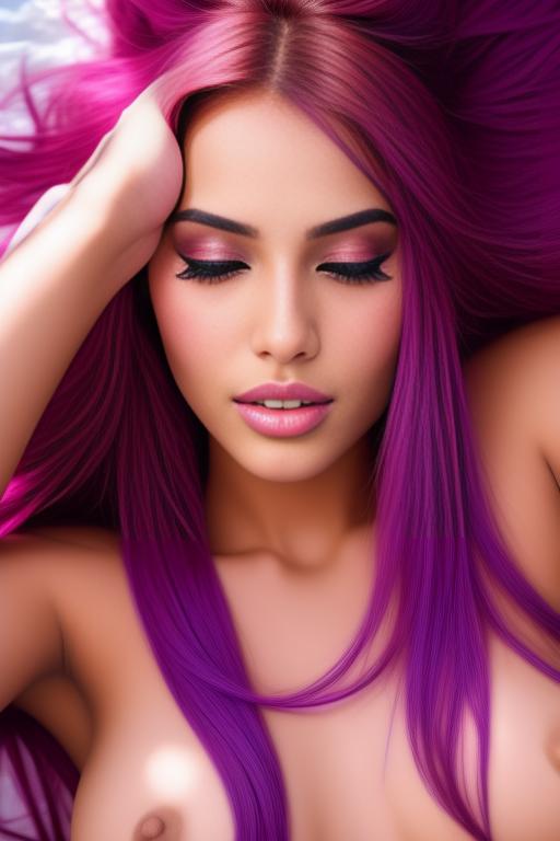 Image: moroccan sexy top model close up blue and red long hair  bonde and pink purple hairclose face shot laying above her closed eyes