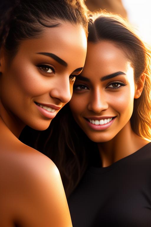 Image: two woman top models cudling touching   tanned Art Style bestquality hyperdetailed ultradetailed Ethnicity Moroccan  Camera  face closeup   hair long laughing sauna black open tshirt