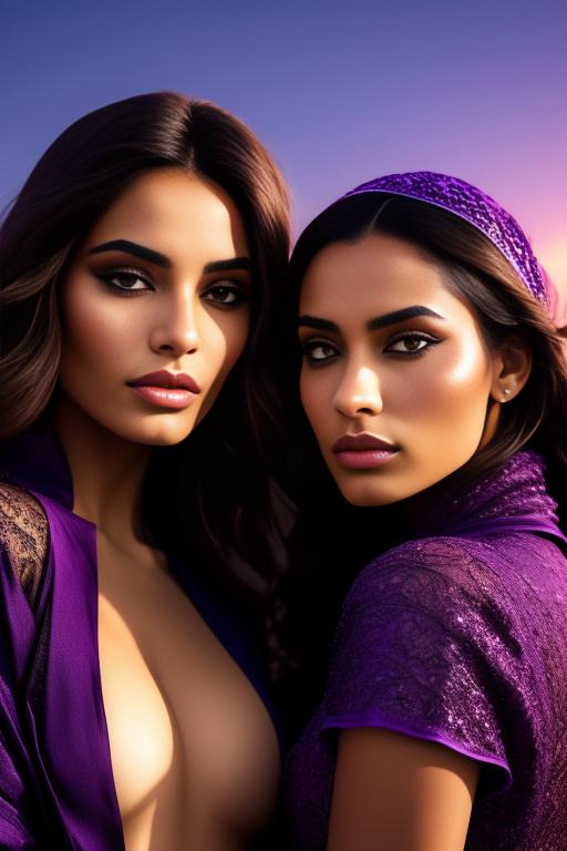 Image: two moroccan top models purple sunset castle fantasy extreme closeup black clothes