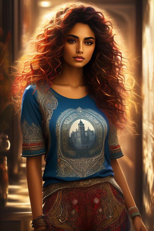Image: Art Style bestquality hyperdetailed ultradetailed Ethnicity Moroccan Dressqty wearing pants sexy tshirt Camera closeup Hair Color rainbow