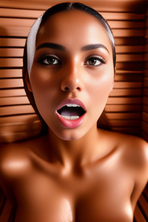 Image: Female Moroccan top model  face close up   kneeling in  sauna nude shot from above  open mouth dry hair covered sperm beautiful eyes