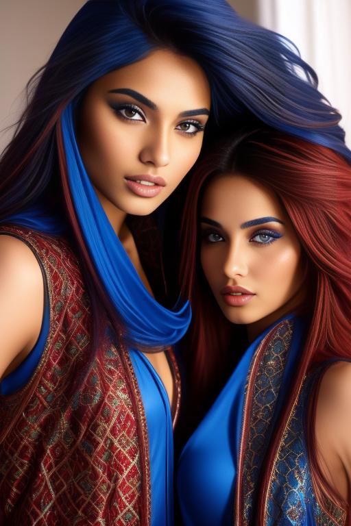 Image: two  moroccan sexy top models close up  blue and red long hair open vest teasing