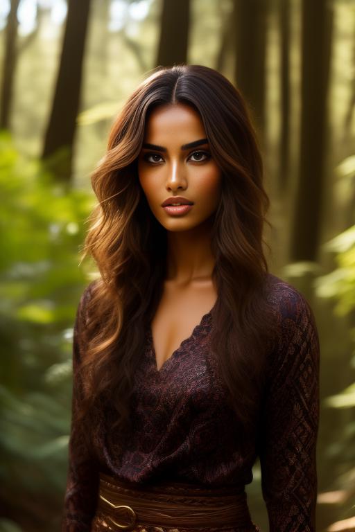 Image: A sexy Moroccan top model face focus on a big sunny forest with monsters harassing her