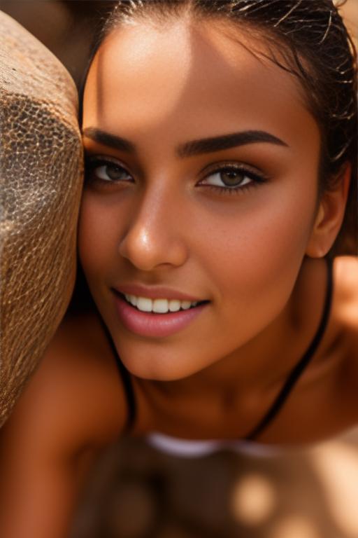 Image: Moroccan Top model beauty holding  sports sexy outfit  gentlesmile   close up shot  in rocky rocks no panties  boobs face close up shot from below kneeling open mouth focus on eyes sucking wet