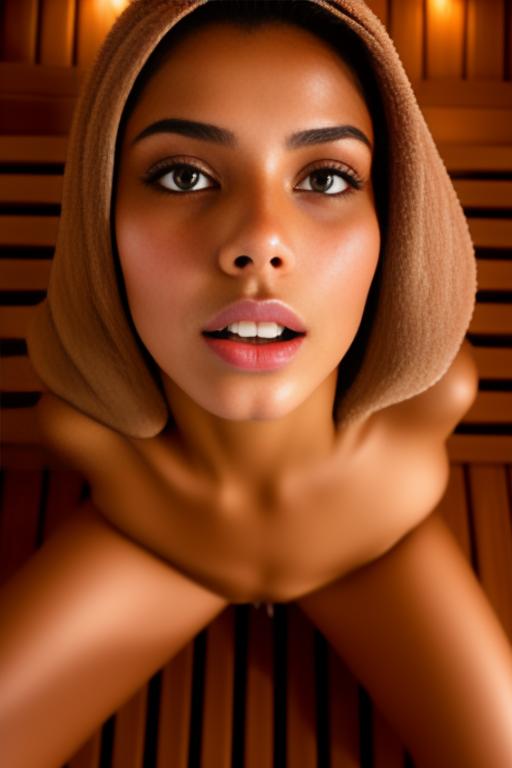 Image: Female Moroccan top model  face close up   kneeling in  sauna nude shot from above  open mouth dry hair covered sperm beautiful eyes