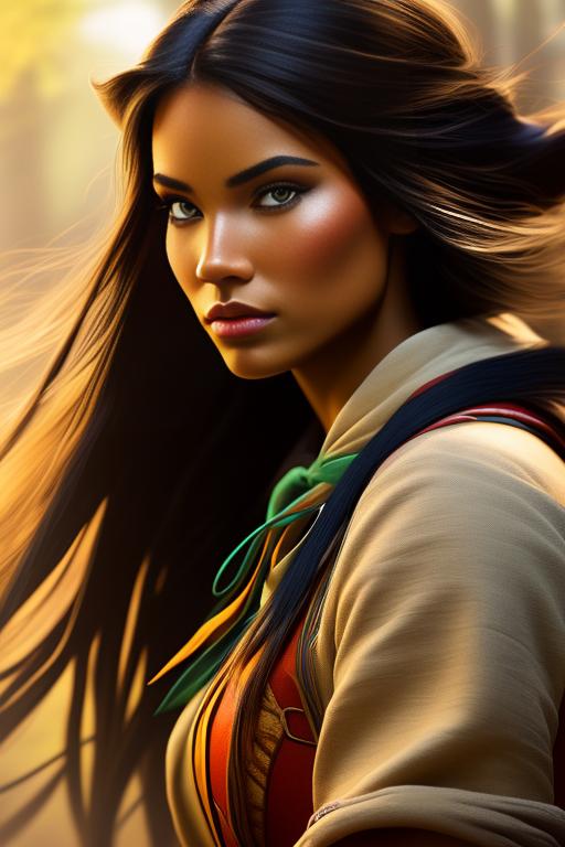 Pocahontas Disney , chasing with bow , nbr_models_one One Top Model, art_style_hyper_detailed Hyper Detailed, camera_close_up Close-Up