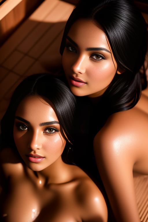 Image: Two  female Moroccan top models  face close up shot  wet kneeling in massage sauna black open bathrobe showing body  shot from above  teasing expression