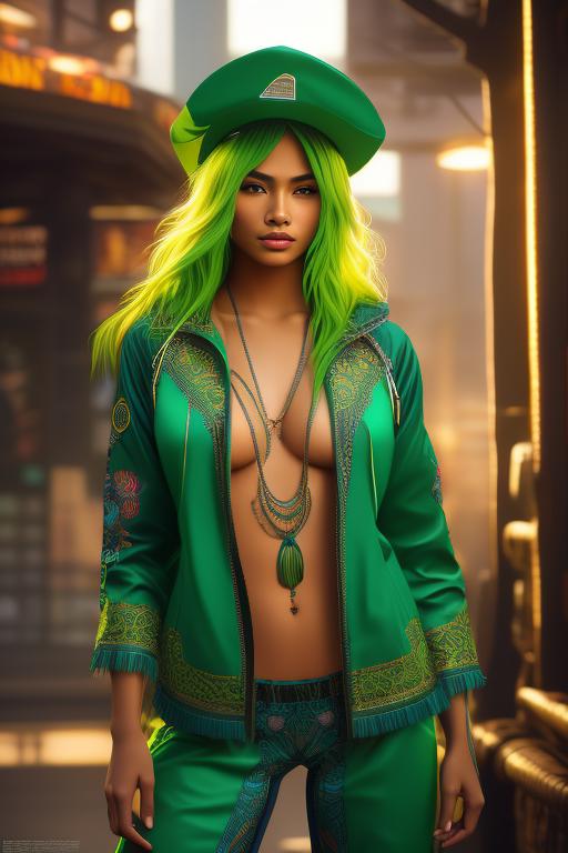 Image: Hair Color neonGreen Ethnicity nativeAmerican Art Style bestquality hyperdetailed ultradetailed Nsfw nsfw Dressqty wearing pants open jacket wearing hat transparent tshirt