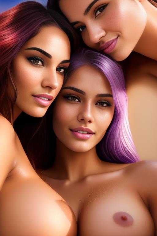 Image: Hair Color purple Ethnicity Moroccan Art Style bestquality hyperdetailed ultradetailed nsfw nsfw Nbrmodels Two top models in bed smiling  face close up shot from above  wet open mouth sucking