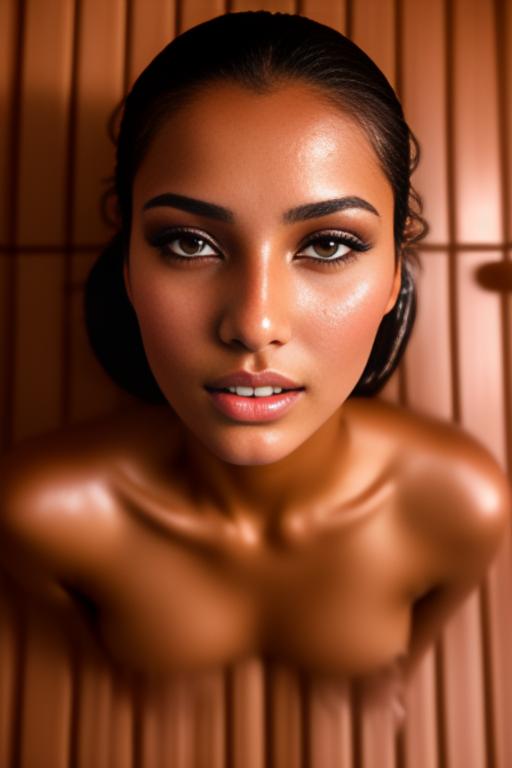 Image: Female Moroccan top model  face close up shot  wet kneeling in massage sauna nude shot from above  sperm in face
