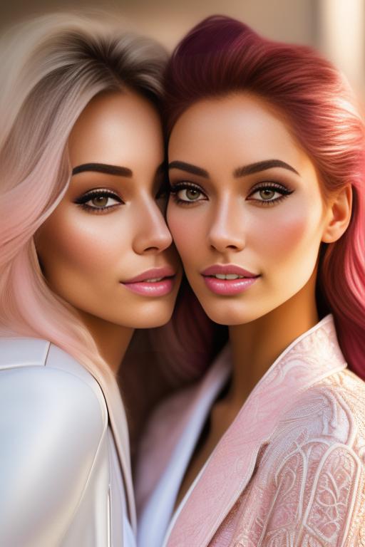 Image: Hair Color pastelPink Ethnicity Moroccan Art Style bestquality hyperdetailed ultradetailed Nsfw nsfw Nbrmodels Two top models Dressqty open whitejacket smiling  face close up