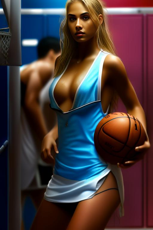Playing basketball, female , sexy blonde ,  , torn basketball clothes , lockers shower background , nbr_models_three Three Top Models, ethnicity_caucasian Caucasian, dress_pulld Pulld, art_style_hyper_detailed Hyper Detailed, camera_close_up Close-Up, <dress_pulld:0.5>
