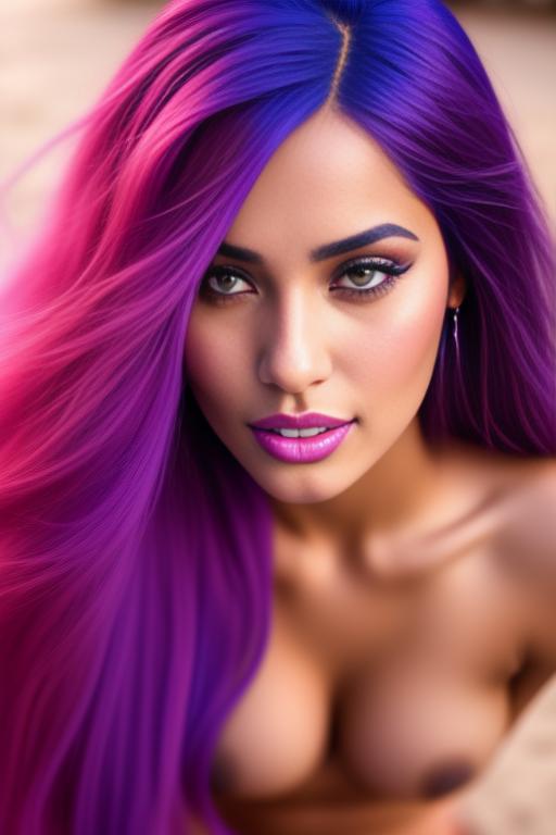 Image: moroccan sexy top model close up blue and red long hair  bonde and pink purple hairclose face shot kneeling riding closed eyes teasing look boobs