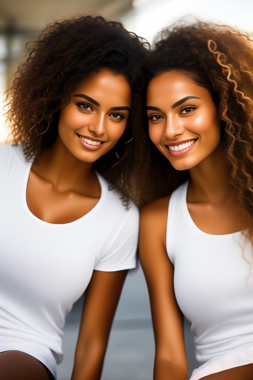 Image: two woman top models cudling touching   tanned Art Style bestquality hyperdetailed ultradetailed Ethnicity Moroccan  Camera  face closeup   hair long laughing tennis court  sitting nice legs black or white tshirt