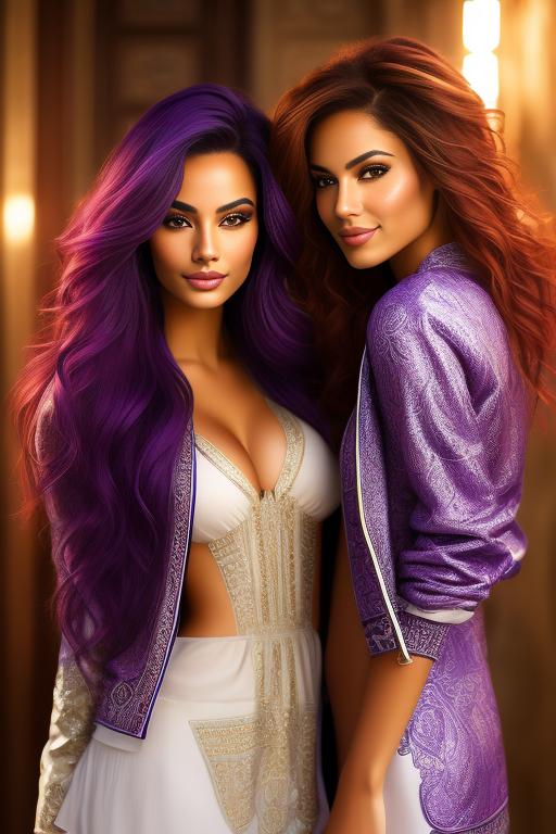 Image: Hair Color purple Ethnicity Moroccan Art Style bestquality hyperdetailed ultradetailed sfw sfw Nbrmodels Two top models Dressqty open jacket smiling   body close up from behind