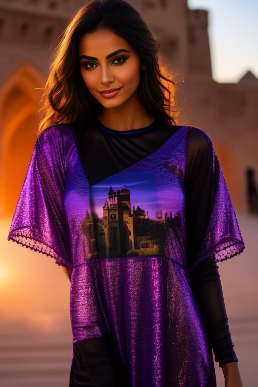 Image: two moroccan top models purple sunset castle fantasy extreme closeup face eyes  black clothes smile legsdresstransparent tshirt