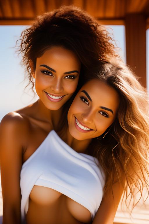 Image: two woman top models cudling touching  tanned Art Style bestquality hyperdetailed ultradetailed Ethnicity Moroccan  Camera face closeup hair long color laughing sauna towel sitting  white tshirt joggings