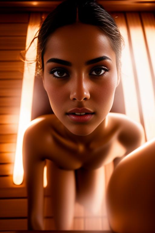 Image: Female Moroccan top model  face close up   kneeling in  sauna nude shot from above  sperm in face