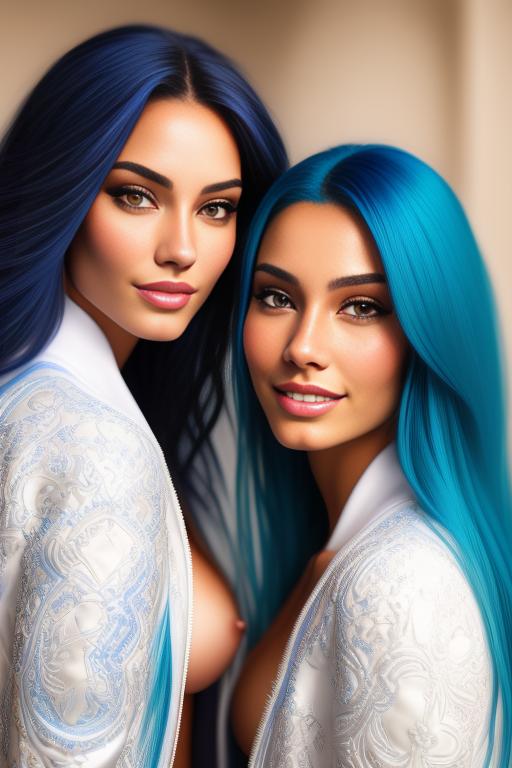 Image: Hair Color blue Ethnicity Moroccan Art Style bestquality hyperdetailed ultradetailed Nsfw nsfw Nbrmodels Two top models Dressqty open whitejacket smiling  face close up