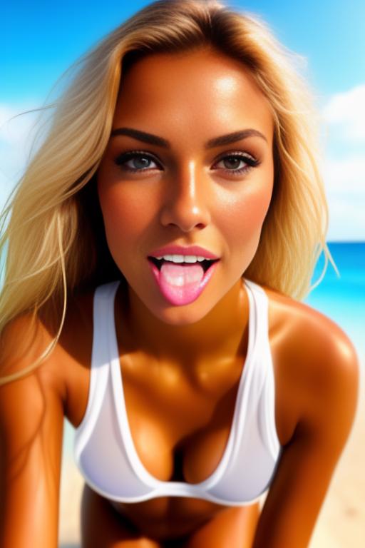 Image: beauty fully tanned sexy top model on the sunny beach sexy look in the eyes softsmile  kneeling  face close up  spreading legs stretch shot from below close up focus sexy  wettransparentopenshirt open mouth sucking