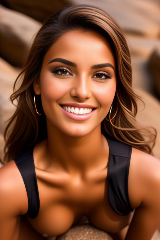 Image: Moroccan Top model beauty holding  sports sexy outfit  smile   close up shot  in rocky rocks no panties  face close up shot from below kneeling