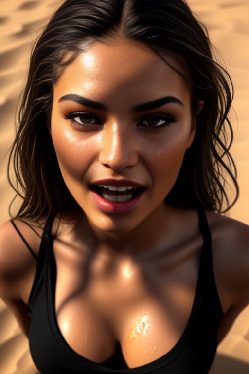 Wearing torn open (black) tshirt,  female ( smiling face moaning eyes) ((top models eyes)),( camera shot from above), ( close face and eyes extreme close-up ) ,tongue, nbr_models_one One Top Model, ethnicity_moroccan Moroccan, dress_cum_on_face Cum On Face, background_desert Desert, art_style_hyper_detailed Hyper Detailed, art_style_ultra_detailed Ultra Detailed, camera_face_extreme_close_up Face Extreme Close-Up, <dress_cum_on_face:-0.5>