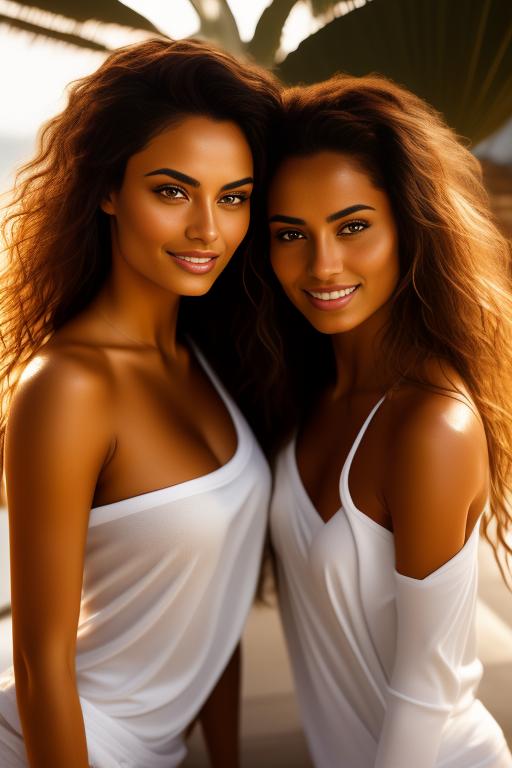 Image: two woman top models cudling touching  tanned Art Style bestquality hyperdetailed ultradetailed Ethnicity Moroccan  Camera face closeup hair long color laughing sauna towel sitting  white tshirt joggings