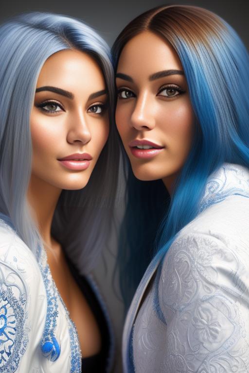 Image: Hair Color blue Ethnicity Moroccan Art Style bestquality hyperdetailed ultradetailed Nsfw nsfw Nbrmodels Two top models Dressqty open whitejacket smiling  face close up
