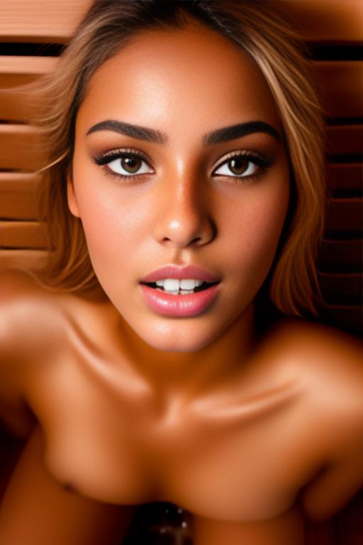 Image: Female Moroccan top model  face close up   kneeling in  sauna nude shot from above  open mouth dry hair covered sperm beautiful eyes