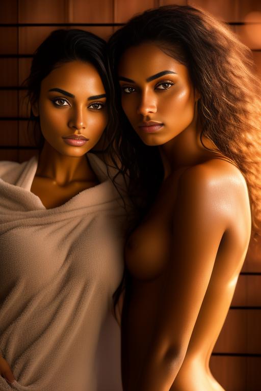 Image: two woman top models cudling touching  tanned Art Style bestquality hyperdetailed ultradetailed Ethnicity Moroccan  Camera face extreme closeup eyes  hair long  sauna black towel  tshirt joggings  dressshirtliftv308 shirtlift