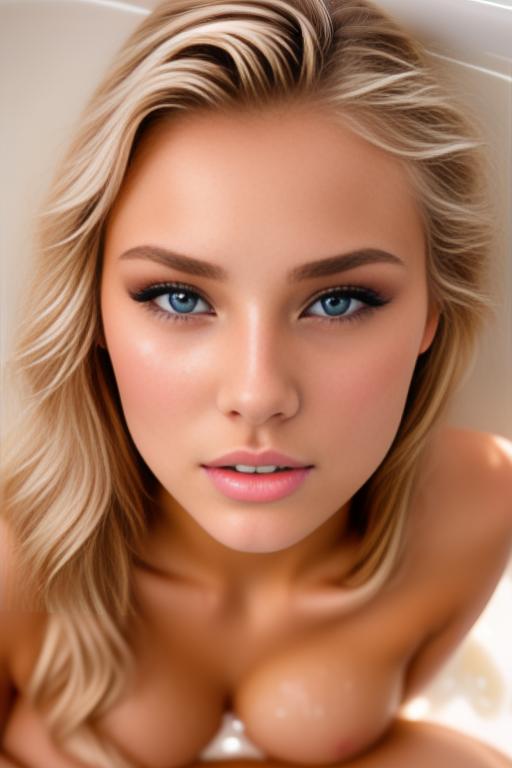 Image: russian blondes top models  face extreme closeup from close above  boobps kiss in bath  covered in cum