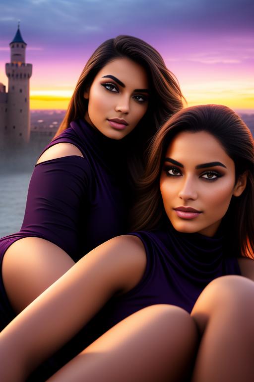 Image: two moroccan top models purple sunset castle fantasy extreme closeup face eyes  black clothes smile legs
