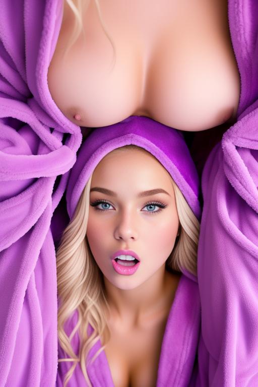 Image: two three russian blondes top models  closeup from close below boobps fuck in bath   covered sperm  wet wearing open purple pink bathrobe open mouth hood
