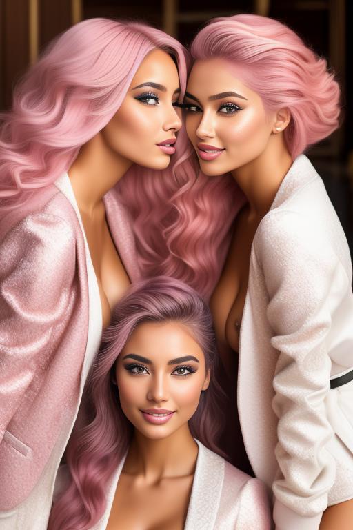 Image: Hair Color pastelPink Ethnicity Moroccan Art Style bestquality hyperdetailed ultradetailed Nsfw nsfw Nbrmodels Two top models Dressqty open whitejacket smiling  face close up kissing on four legs