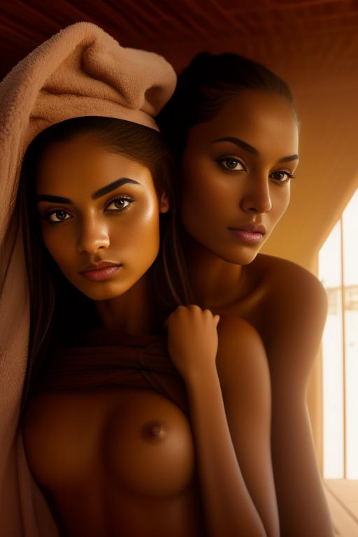 Image: two woman top models cudling touching  tanned Art Style bestquality hyperdetailed ultradetailed Ethnicity Moroccan  Camera face extreme closeup eyes  hair long  sauna black towel  tshirt joggings  dressshirtliftv308 shirtlift